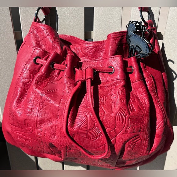 ❤️ Sharif Firenze Red Hieroglyphics Leather Drawstring Shoulder Bag ~ Excellent - Picture 9 of 15